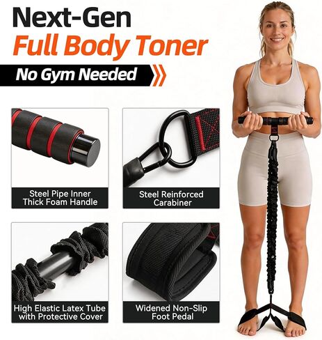 Foot Pedal Resistance Band with Handle, Adjustable 30-90lbs, 3 Tube Sit Up Exercise Equipment for Women, Home Workout for Abs, Core, Legs & Arms in Kuwait