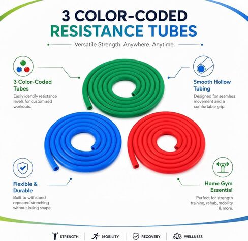 3 Roll Resistance Tube Bands, Heavy Duty Exercise Bands Light Medium Heavy, 10ft Long Latex Workout Tubing for Strength Training, Lower Pilates, Home Gym Fitness in Kuwait