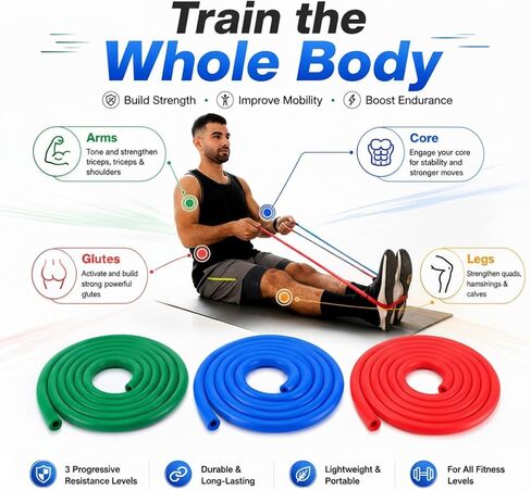 3 Roll Resistance Tube Bands, Heavy Duty Exercise Bands Light Medium Heavy, 10ft Long Latex Workout Tubing for Strength Training, Lower Pilates, Home Gym Fitness in Kuwait