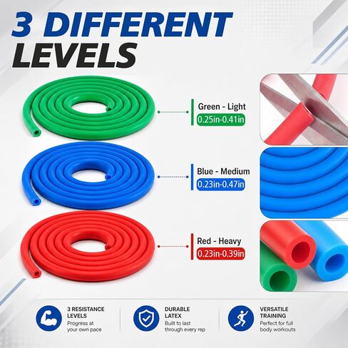 3 Roll Resistance Tube Bands, Heavy Duty Exercise Bands Light Medium Heavy, 10ft Long Latex Workout Tubing for Strength Training, Lower Pilates, Home Gym Fitness in Kuwait