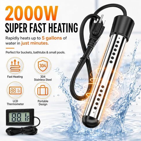 2000W Fast Heating Immersion Water Heater, Portable Submersible Bucket Heater with 304 Stainless Steel Guard & Digital Thermometer, Safe & Compact Design for Travel,Camping,Tubs,Inflatable Pool & Farm in Kuwait
