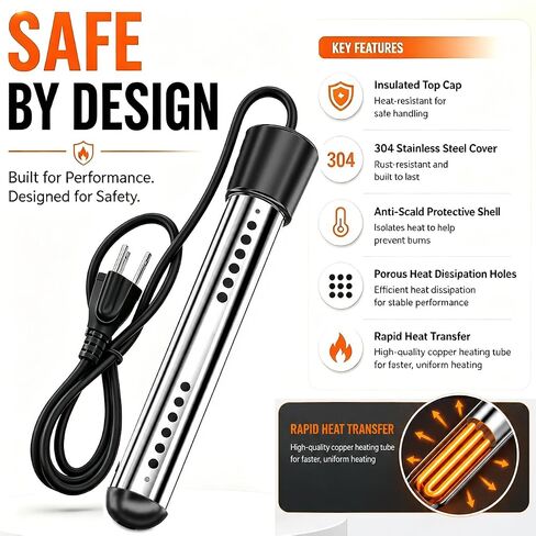2000W Fast Heating Immersion Water Heater, Portable Submersible Bucket Heater with 304 Stainless Steel Guard & Digital Thermometer, Safe & Compact Design for Travel,Camping,Tubs,Inflatable Pool & Farm in Kuwait