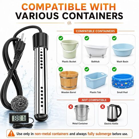 2000W Fast Heating Immersion Water Heater, Portable Submersible Bucket Heater with 304 Stainless Steel Guard & Digital Thermometer, Safe & Compact Design for Travel,Camping,Tubs,Inflatable Pool & Farm in Kuwait