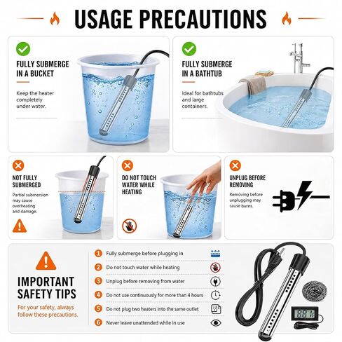 2000W Fast Heating Immersion Water Heater, Portable Submersible Bucket Heater with 304 Stainless Steel Guard & Digital Thermometer, Safe & Compact Design for Travel,Camping,Tubs,Inflatable Pool & Farm in Kuwait