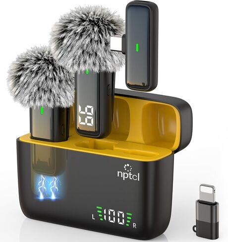 ميكروفون NPTCL اللاسلكي Lavalier Lapel لهاتف iPhone iPad Android | شاشة شحن رقمية LED، تقليل الضوضاء، علبة شحن لمدة 24 ساعة، تسجيل لاسلكي بطول 70 قدمًا لبودكاست Youtube Tiktok in Kuwait