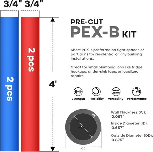 عصا أنبوب PEX-B مقاس 3/4 بوصة × 4 أقدام من SUPPLYGIANT، عبوة من 2 أنابيب Pex حمراء و2 زرقاء لخط المياه الصالحة للشرب وسباكة المياه الساخنة، للاستخدام الداخلي/الخارجي in Kuwait