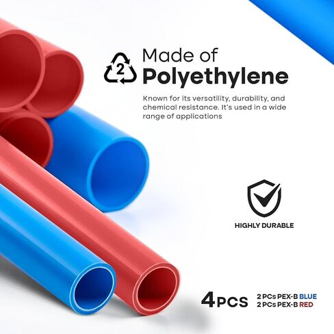 عصا أنبوب PEX-B مقاس 3/4 بوصة × 4 أقدام من SUPPLYGIANT، عبوة من 2 أنابيب Pex حمراء و2 زرقاء لخط المياه الصالحة للشرب وسباكة المياه الساخنة، للاستخدام الداخلي/الخارجي in Kuwait