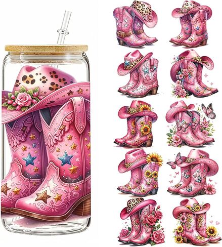 5pcs Pink Sunflower Cowboy Boots UV DTF Cup Wraps Winter UV DTF Transfer Sticker for Glass Cups Furniture Craft DIY Crafts，Rub on Transfer Stickers for DIY Water Bottle Laptop Decal Wood Car in Kuwait