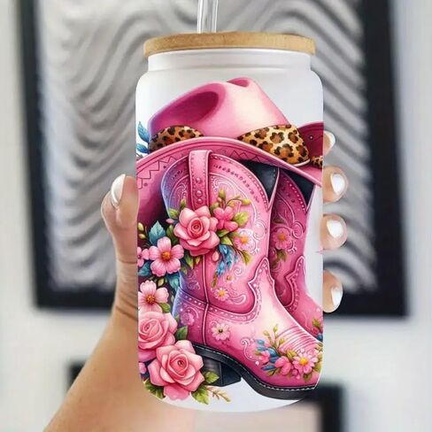 5pcs Pink Sunflower Cowboy Boots UV DTF Cup Wraps Winter UV DTF Transfer Sticker for Glass Cups Furniture Craft DIY Crafts，Rub on Transfer Stickers for DIY Water Bottle Laptop Decal Wood Car in Kuwait