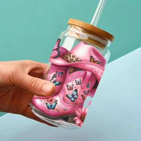 5pcs Pink Sunflower Cowboy Boots UV DTF Cup Wraps Winter UV DTF Transfer Sticker for Glass Cups Furniture Craft DIY Crafts，Rub on Transfer Stickers for DIY Water Bottle Laptop Decal Wood Car in Kuwait