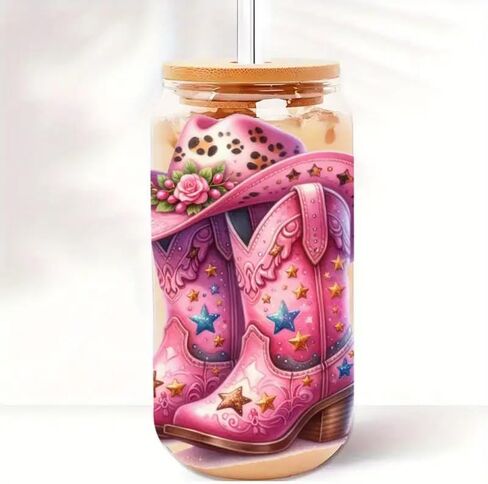 5pcs Pink Sunflower Cowboy Boots UV DTF Cup Wraps Winter UV DTF Transfer Sticker for Glass Cups Furniture Craft DIY Crafts，Rub on Transfer Stickers for DIY Water Bottle Laptop Decal Wood Car in Kuwait