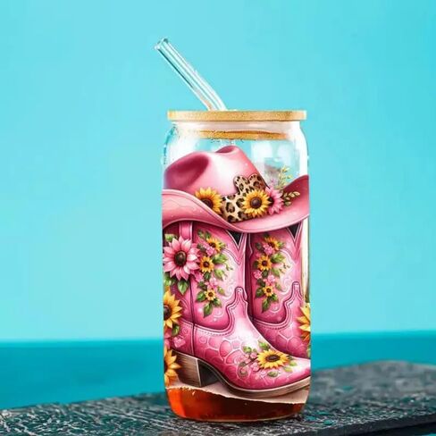5pcs Pink Sunflower Cowboy Boots UV DTF Cup Wraps Winter UV DTF Transfer Sticker for Glass Cups Furniture Craft DIY Crafts，Rub on Transfer Stickers for DIY Water Bottle Laptop Decal Wood Car in Kuwait