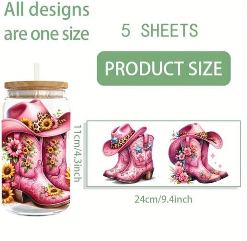5pcs Pink Sunflower Cowboy Boots UV DTF Cup Wraps Winter UV DTF Transfer Sticker for Glass Cups Furniture Craft DIY Crafts，Rub on Transfer Stickers for DIY Water Bottle Laptop Decal Wood Car in Kuwait