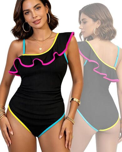 XZI One Piece Swimsuit Womens, V Neck Neon Color Block Bathing Suit, Low Back Full Coverage Swimwear in Kuwait