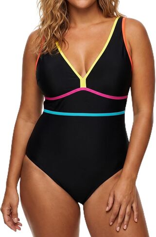 XZI One Piece Swimsuit Womens, V Neck Neon Color Block Bathing Suit, Low Back Full Coverage Swimwear in Kuwait