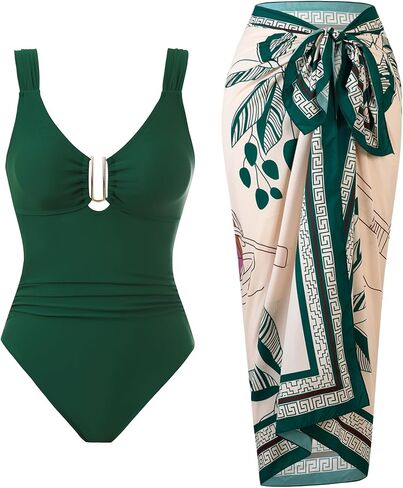 Women’s One Piece Swimsuit Retro Swimwear Set Tummy Control Bathing Suit Cover Up for Women with Wrap Skirt in Kuwait