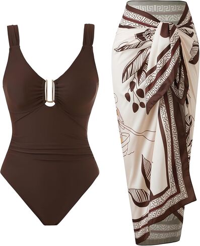 Women’s One Piece Swimsuit Retro Swimwear Set Tummy Control Bathing Suit Cover Up for Women with Wrap Skirt in Kuwait