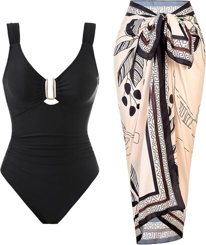 Women’s One Piece Swimsuit Retro Swimwear Set Tummy Control Bathing Suit Cover Up for Women with Wrap Skirt in Kuwait