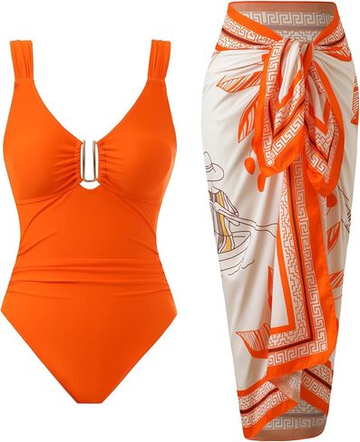 Women’s One Piece Swimsuit Retro Swimwear Set Tummy Control Bathing Suit Cover Up for Women with Wrap Skirt in Kuwait