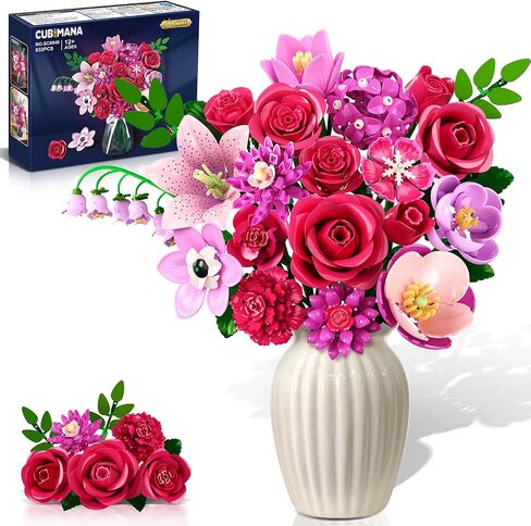 Flowers Bouquet Building Set with Light - 21 Rose Red Botanical Collection Building Block Set for Adults, 832 PCS Flower Plant Kit for Home Decor, for Her Women Girls Kids 12+ in Saudi Arabia