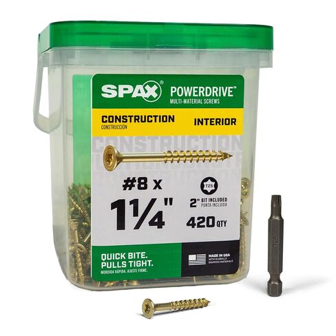 SPAX #8 x 1-1/4" PowerDrive Interior Flat Head Construction Wood Screws (420 pcs) T25 T-Star Yellow Zinc Framing Fast-Start Sharp Point Clean Flush Finish Bit Included in Kuwait