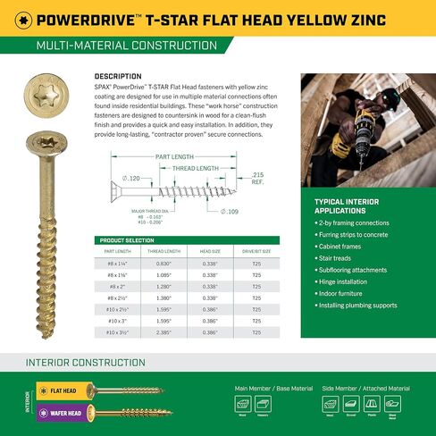 SPAX #8 x 1-1/4" PowerDrive Interior Flat Head Construction Wood Screws (420 pcs) T25 T-Star Yellow Zinc Framing Fast-Start Sharp Point Clean Flush Finish Bit Included in Kuwait