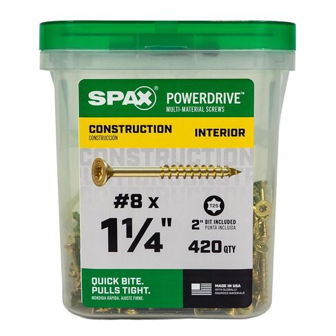 SPAX #8 x 1-1/4" PowerDrive Interior Flat Head Construction Wood Screws (420 pcs) T25 T-Star Yellow Zinc Framing Fast-Start Sharp Point Clean Flush Finish Bit Included in Kuwait