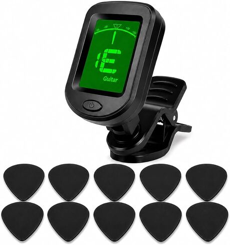 Guitar Tuner Clip On – Chromatic Tuner for Acoustic Electric Guitar, Bass, Violin, Ukulele, Banjo & Mandolin – Fast Accurate Headstock Instrument Tuner with 10 Black Picks in Kuwait