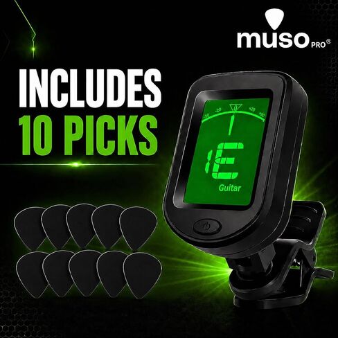 Guitar Tuner Clip On – Chromatic Tuner for Acoustic Electric Guitar, Bass, Violin, Ukulele, Banjo & Mandolin – Fast Accurate Headstock Instrument Tuner with 10 Black Picks in Kuwait