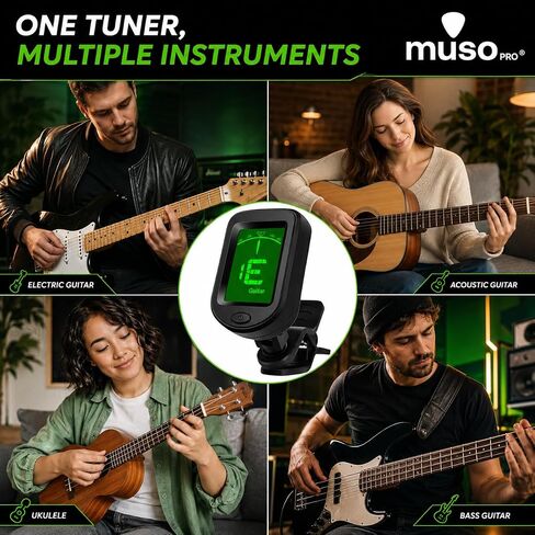 Guitar Tuner Clip On – Chromatic Tuner for Acoustic Electric Guitar, Bass, Violin, Ukulele, Banjo & Mandolin – Fast Accurate Headstock Instrument Tuner with 10 Black Picks in Kuwait