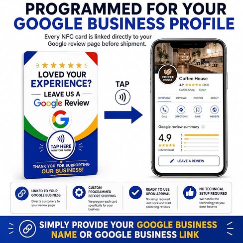 Google Review NFC Card for Business Reviews – Custom Programmed Tap Card with Adhesive Backing, NFC Review Card for Google Business Profile, Works with Most Smartphones, Credit Card Size, 1 Card in Saudi Arabia