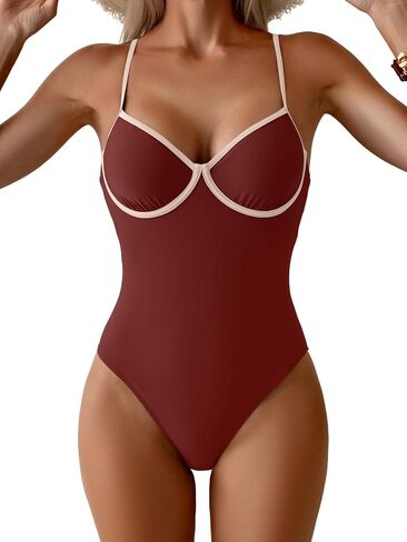 Eomenie Womens Swimsuit Tummy Control Slimming One Piece Bathing Suit Color Block Spaghetti Straps Swimwear with High Cut in Kuwait