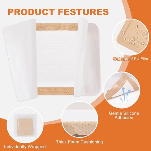 ضمادة إسفنجية من السيليكون مقاس 6 × 6 بحدود لطيفة، ضمادات لتقرحات السرير للعناية بالجروح، ضمادات كبيرة مقاومة للماء، وسادات تضميد الجروح ذاتية اللصق من السيليكون، 10 عبوات in Kuwait