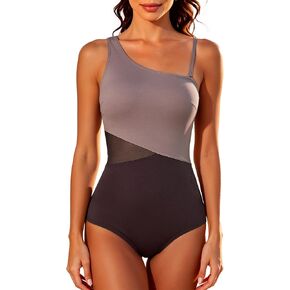 Women Tummy Control One Piece Swimsuit One Shoulder Mesh Bathing Suit Adjustable Strap Slimming Monokini in Kuwait