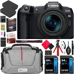 Canon EOS R8 إطار كامل إطار الكاميرا بدون مرآة مع RF 24-50 مم f4.5-6.3 هو STM عدسة 5803C012 حزمة مع حقيبة التصوير الفوتوغرافي DECO + 2 X بطارية + 2 × 64 جيجابايت بطاقات الذاكرة + إكسسوارات مجموعة in Kuwait