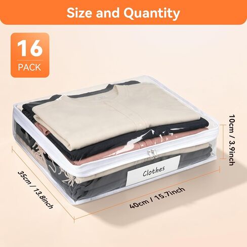16 Pack Clear Storage Bags with Zipper, Plastic Storage Bags for Clothes Bed Sheets Pillows Comforters Sweaters (15.7 x 13.8 x 3.9 Inch, White） in Kuwait