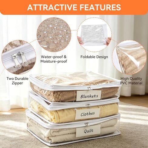 16 Pack Clear Storage Bags with Zipper, Plastic Storage Bags for Clothes Bed Sheets Pillows Comforters Sweaters (15.7 x 13.8 x 3.9 Inch, White） in Kuwait