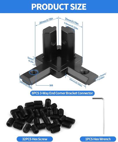 8 قطع 2020 من الألومنيوم النتوء 3-Way End Corner Bracket Connectors - أسود صلب على شكل حرف L مشترك بين قوسين مع براغي ومفتاح ربط لسلسلة 2020 ملحقات فتحة 6 مم in Kuwait