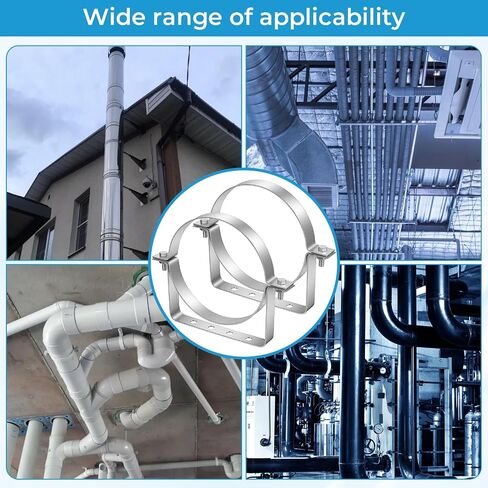 2PCS Heavy Duty 8 Inch Pipe Supports, Stainless Steel Split Ring Pipe Hanger with Wall Mount Screws for Secure Chimney Vent Installation - Silver Finish in Kuwait