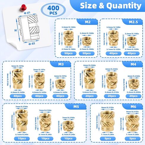 400PCS Brass Threaded Inserts, Premium Metric Heat Set Insert M2 M2.5 M3 M4 M5 M6 - Perfect Assortment for 3D Printing Projects, Brass Heat Set Insert for Plastic and 3D Printing in Kuwait