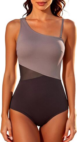 Women Tummy Control One Piece Swimsuit One Shoulder Mesh Bathing Suit Adjustable Strap Slimming Monokini in Kuwait