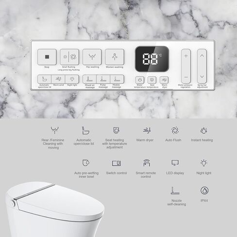 Smart Toilet,One Piece Toilet with Auto Open Close, Auto Flush, Foot Sensor Operation, Heated Seat，Warm Water & Dryer，Night Light，LED Display,White Remote Control in Kuwait