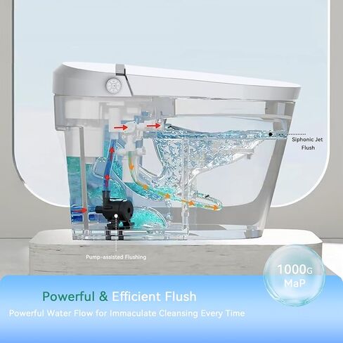 Smart Toilet,One Piece Toilet with Auto Open Close, Auto Flush, Foot Sensor Operation, Heated Seat，Warm Water & Dryer，Night Light，LED Display,White Remote Control in Kuwait