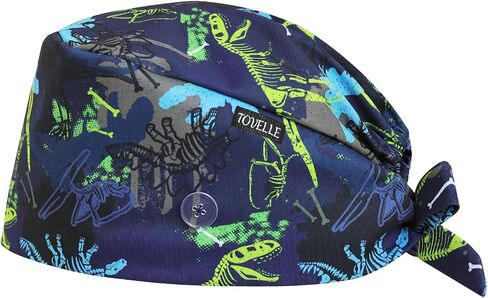 Navy Blue Dinosaur Bone Double-Sided Printed Scrub Caps for Men and Women with Buttons, Adjustable Helps Reduce Static Buildup Medical Hats, Breathable Surgical Caps with Sweatband for Long Hours in Kuwait