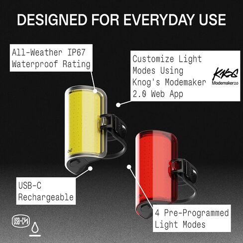 Knog Cobber Reflex Bike Light Twinpack, 350 Lumens Front & 250 Lumens Rear USB-C Rechargeable LED Lights, 360° Beam Angle, IP67 Waterproof, Standard & Aero Bar, Fork, & Seat Post Compatible | bike-headlight-taillight-combinations in Kuwait