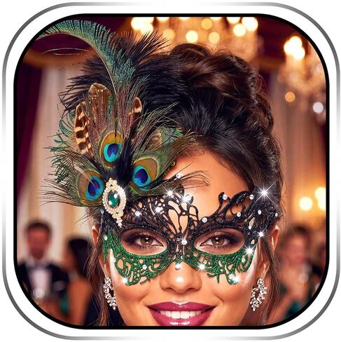 Campsis Rhinestone Masquerade Mask, Green Masquerade Ball Mask, Feather Party Masks for Women in Kuwait