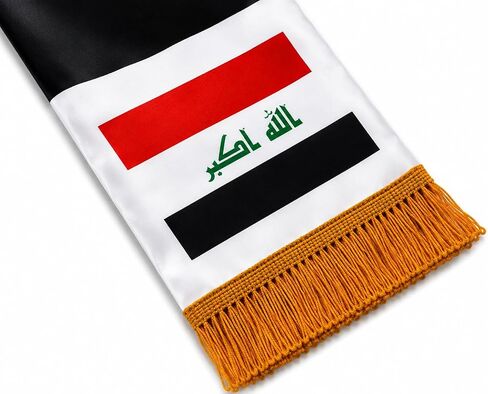 شال علم العراق ستان تصميم على الوجهين مع شرابات ذهبية لكرة القدم والمناسبات الوطنية والاحتفالات in Kuwait