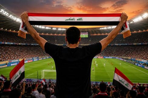 شال علم العراق ستان تصميم على الوجهين مع شرابات ذهبية لكرة القدم والمناسبات الوطنية والاحتفالات in Kuwait