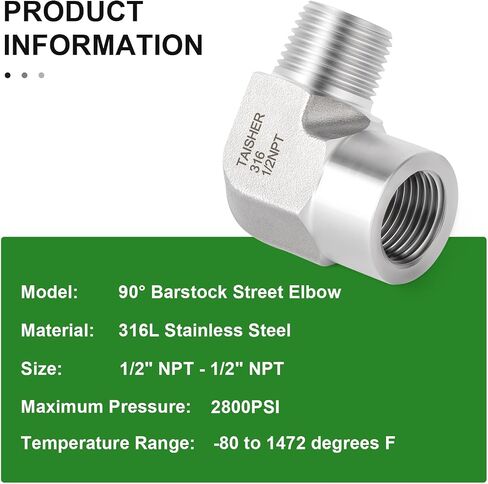 TAISHER 2pcs 316L SS 90 درجة الكوع، 1/2 "FNPTx1/2" MNPT مزورة الأنابيب | موصل محول خرطوم هيدروليكي عالي الضغط، تركيب الأنابيب اللولبية لخطوط مياه زيت الهواء الهيدروليكي in Kuwait