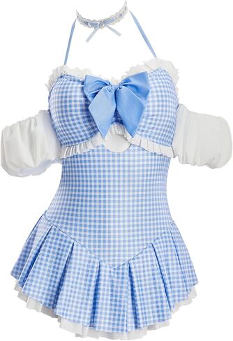 haikyuu Women Retro Swimsuit Blue Checkered Tummy Control One Piece Swimsuit Cute Swimwear in Kuwait